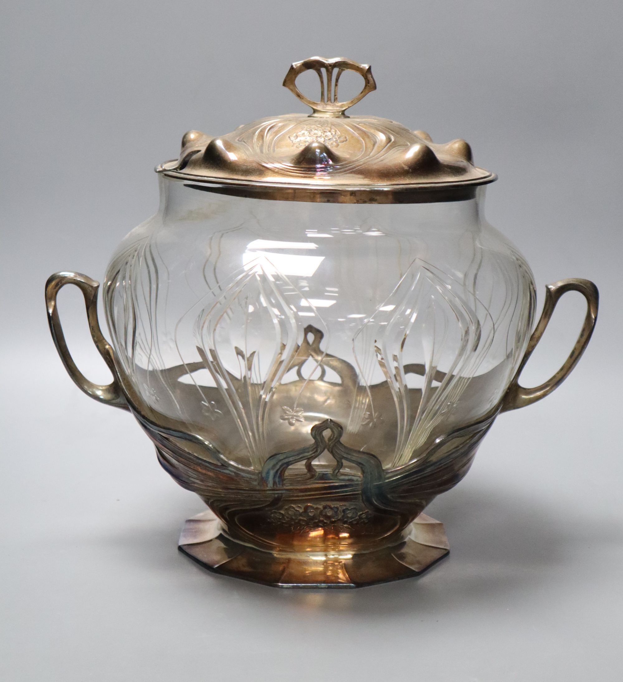 An Art Nouveau Orivit pewter and cut glass punch bowl, height 31cm